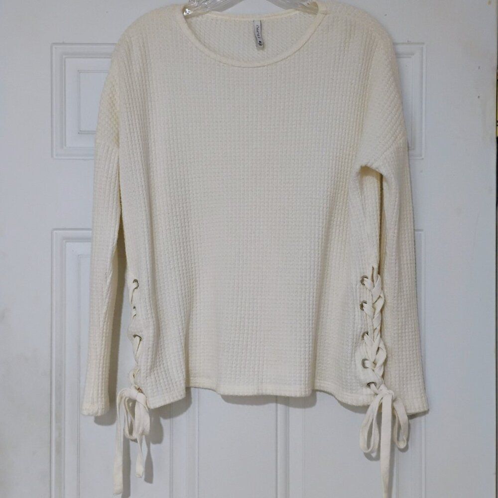 Z Supply Top Women's Thermal Waffle Knit Boho Laced Side Ties Oversized Cozy XS - Picture 6 of 13